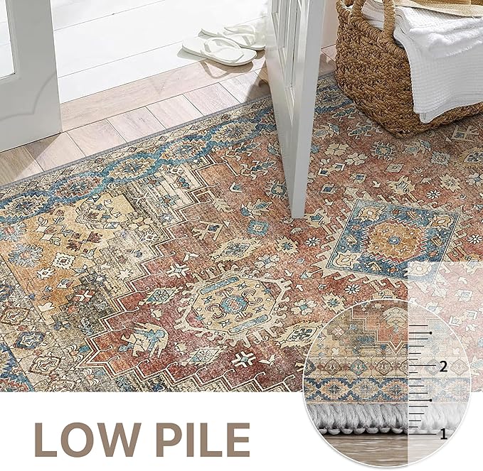 GENIMO 10x12 Area Rugs for Living Room, Machine Washable Non Slip Vintage Rugs, Low Pile Lightweight Chenille Print Rug for Bedroom, Dining Room, Home Office, Antique Red