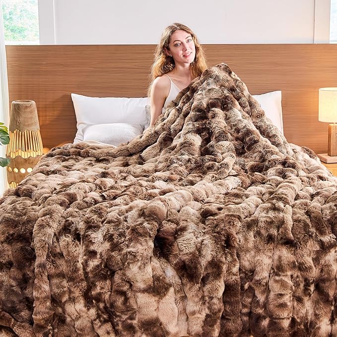 Lotus Karen Faux Fur Throw Blanket Tie-Dye Dark Coffee-Big Bubble Rabbit Fluff Blanket for Couch,Small Fluffy Fuzzy Cozy Blanket,Thick Furry Plush Shaggy Blankets,50x60 Inches