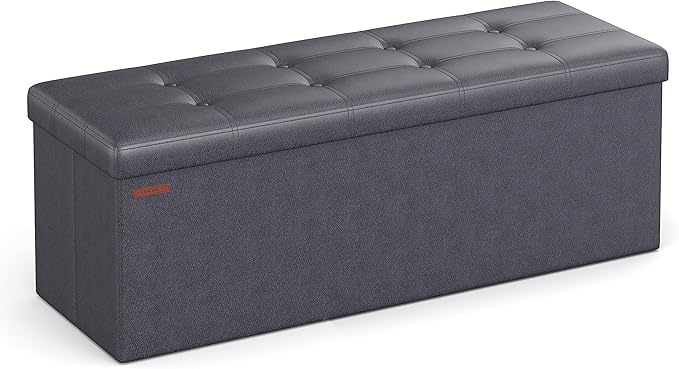 SONGMICS Mazie Collection - 43 Inches Folding Storage Ottoman Bench, Ottoman with Storage, Foot Rest Stool, Load 660 lb, for Living Room, Synthetic Leather, Dark Gray ULSF070G01