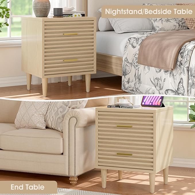 Alohappy Nightstand, Bedside Table for Bedroom, End Table with 2 Drawers, Mid Century Modern Side Table with Storage Bed Side Table Vintage Furniture Wood Accent Table for Living Room, Oak 1pc