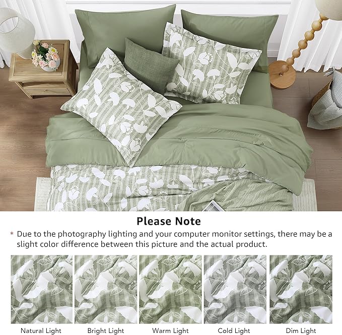 King Comforter Set -7 Pieces Sage Green Floral Comforter Set for All Seasons, Bed in a Bag King with Botanical Flowers Comforter, Sheets, Pillowcases & Shams