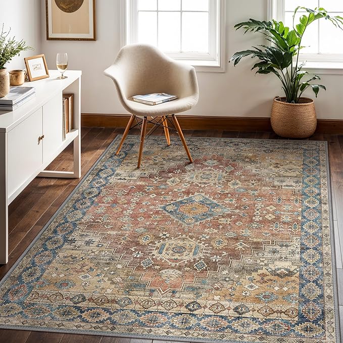 GENIMO 8x10 Area Rugs for Living Room, Machine Washable Non Slip Vintage Rugs, Low Pile Lightweight Chenille Print Rug for Bedroom, Dining Room, Home Office, Antique Red