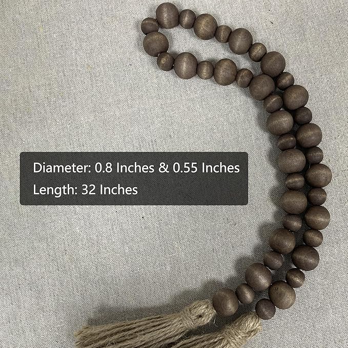Handcrafted Farmhouse Wooden Decorative Beads Garland, Table Tray Boho Wood Beads with Tassel, Small Rustic Antique Decor for Home and Events (Dark Walnut)