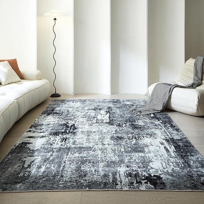 Rugcomf Area Rug 5x7 Washable Rug Boho Soft Abstract Pattern Non-Slip Faux Wool Vintage for Living Room, Bedroom, Farmhouse, Dining Room, Kids Playroom, Grey and Black