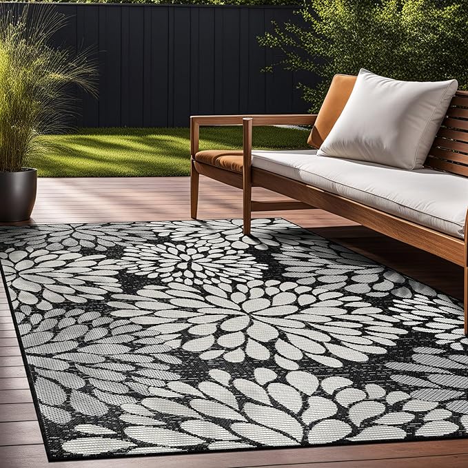 Beverly Rug Outdoor Rug 8x10 Modern Exotic Tropical Leaf Area Rugs for Indoor and Outdoor Patio Deck Porch Garden Water Resistant Washable Outside Carpet (8 x 10 Dark Gray)