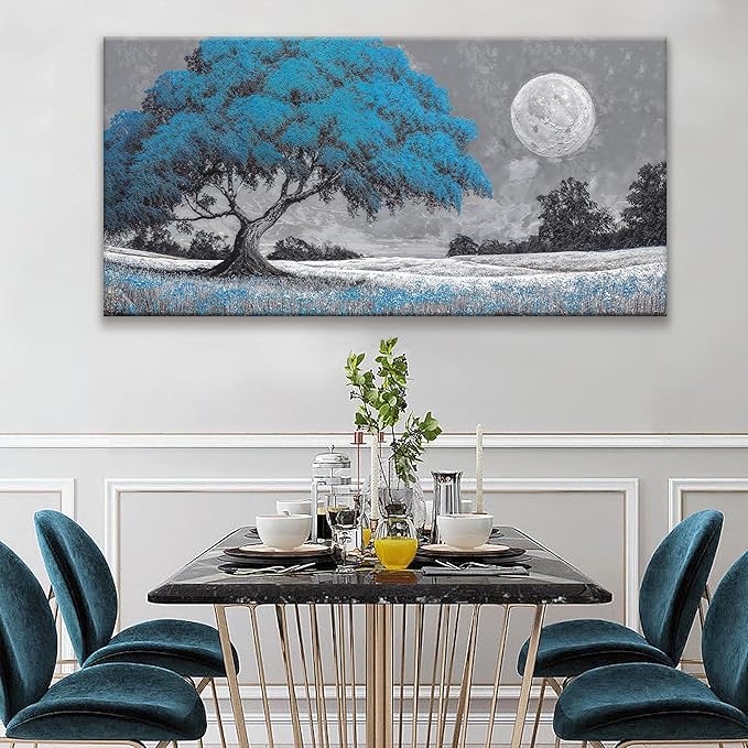 TAIJXAGSG Wall Art Blue Tree Moon Picture Canvas Art Wall Decor Artwork Abstract Canvas Print Painting Nature For Living Room Bedroom Bathroom Office Home Wall Decor 29"X 58"Can Be Hung Directly