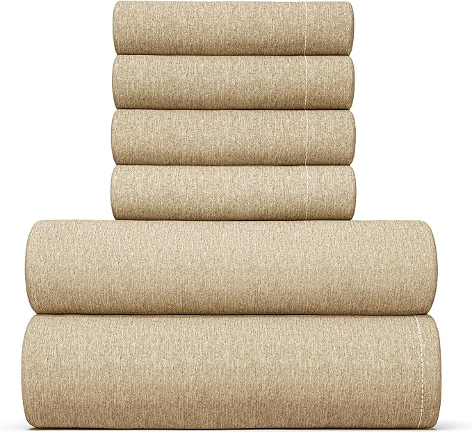 Full Sheets Set 6 Piece - Includes 4 Pillowcases - Bed Sheets Full Size - Soft Hotel Luxury Bedding - Cooling, Comfy & Breathable - 1 Flat & 1 Fitted & 4 Pillowcases w/ Deep Pockets - Heathered Tan