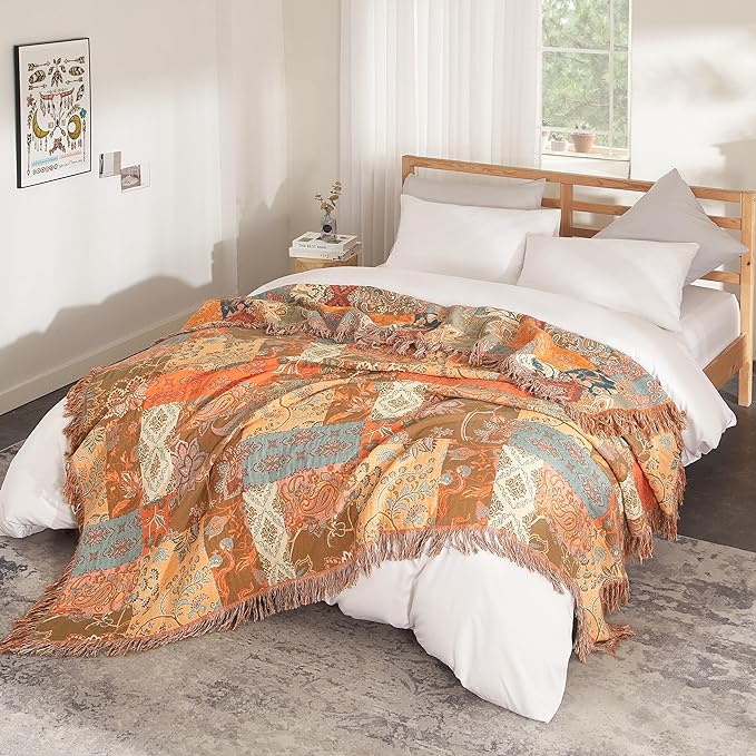 Boho Throw Blanket for Bed 90”x98”, 100% Cotton Woven Blanket for Couch Sofa, Ultra Soft 4-Layer Muslin Quilt with Patchwork Floral Printed, Farmhouse Bed Blanket/Cover for Living Room Decor