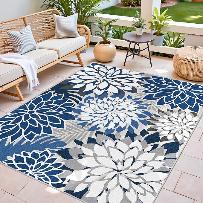 Indoor Outdoor Area Rug Washable Multicolored Patio Rug Tropical Botanical Modern Floral Indoor Outdoor Carpet Blue White Rug Non Slip for Patio, Deck, Backyard, Porch (8x10)