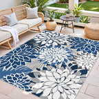 Indoor Outdoor Area Rug Washable Multicolored Patio Rug Tropical Botanical Modern Floral Indoor Outdoor Carpet Blue White Rug Non Slip for Patio, Deck, Backyard, Porch (9x12)