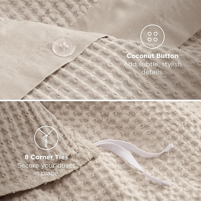 Bedsure Cotton Duvet Cover Queen Size - 100% Cotton Waffle Weave Beige Duvet Cover Queen Size, GentleSoft™ and Breathable Bedding Set for All Season, 3 Pieces, 90"x90"