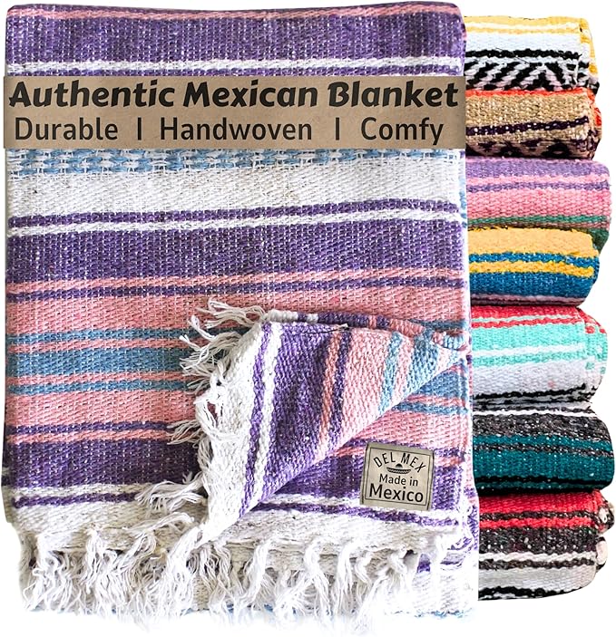 Del Mex Classic Mexican Blanket, Large Authentic Woven Falsa Throw (70"x50"), Artisan Southwest Décor for Beach, Yoga, Outdoors (Lavender/Pink)