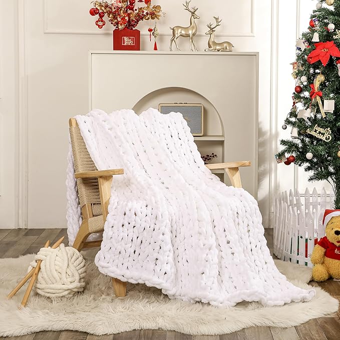 WESHIONGOO Chunky Knit Blanket Throw Knitted Throw Blankets for Couch Bed Fluffy Soft Blanket with Jumbo Chenille Yarn Thick 100% Handmade (White, 50"×60")