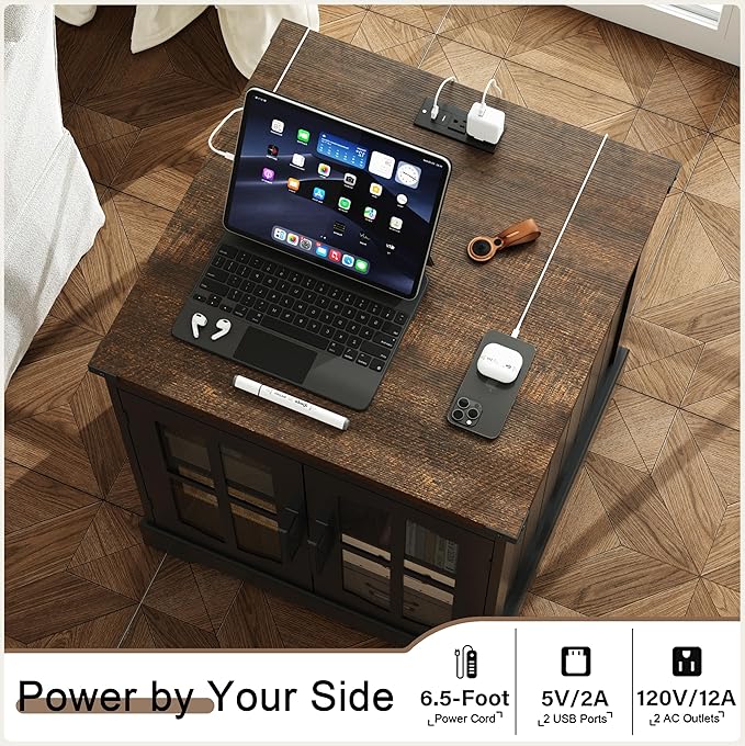 ChooChoo Rustic End Table, 24" Large Sofa Side Table with Charging Station & LED Light, Black Nightstand with Adjustable Storage Shelf, Square Bedside Table for Living Room, Bedroom, Office