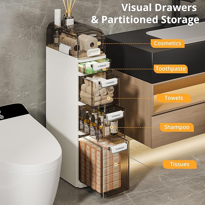 VECELO 5-Tier Narrow Beside Toilet Storage Cabinet, Plastic Bathroom Organizers and Storage with Drawers & Wheels, Space-Saving, Slim Toilet Paper Storage for Bathroom, Laundry Room, Small Space