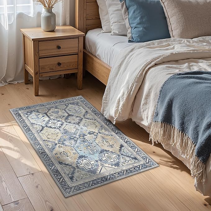 GENIMO 2x3 Area Rugs for Living Room, Machine Washable Non Slip Vintage Rugs, Low Pile Lightweight Chenille Print Rug for Bedroom, Dining Room, Home Office, Brown Blue