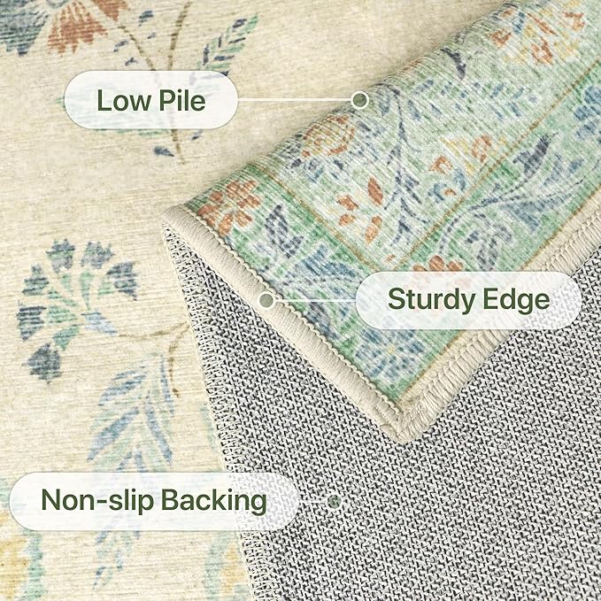 GENIMO 6x9 Area Rugs for Living Room, Machine Washable Non Slip Vintage Rugs, Low Pile Lightweight Chenille Print Rug for Bedroom, Dining Room, Home Office, Beige/Green