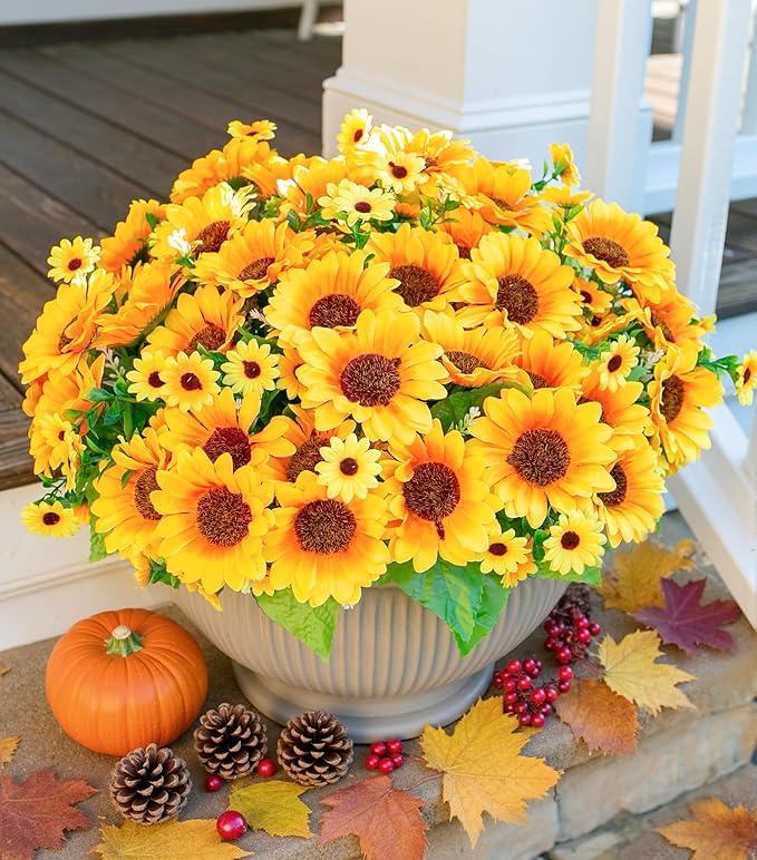 Sunflowers Artificial Flowers, 10 Bunches Fake Sunflower Artificial Flowers for Outdoors Fall Autumn Decoration Look Real UV Resistant Fake Flowers for Home Porch Garden Wedding Party Office Indoor