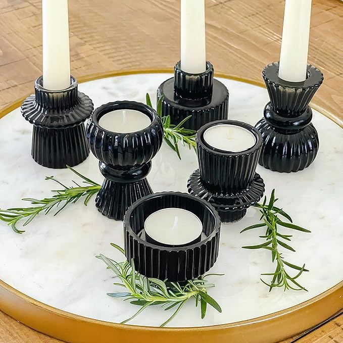 Kate Aspen Vintage Ribbed Glass Black Candlestick Holders, Pillar Candle, Tealight & Votive Candle Holders (Set of 6, 3 Assorted Sizes), Dining Table Decor, Shelf Decor, Centerpiece