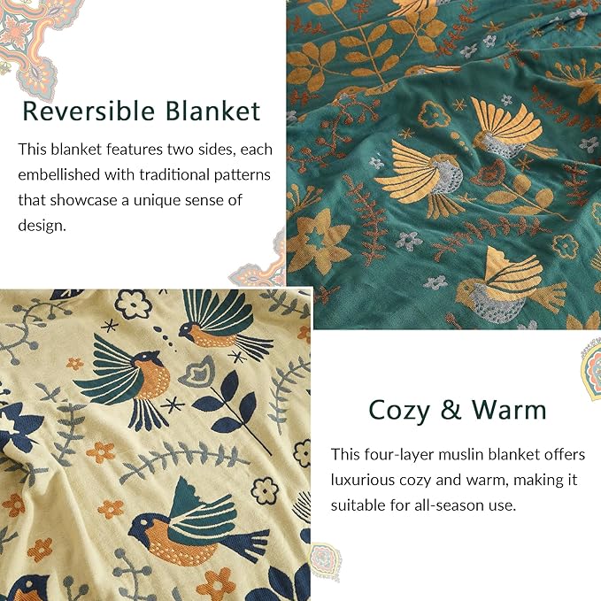 Boho Throw Blanket for Couch Sofa Bed, 100% Cotton Woven Quilt with Tassel 60”x80”, Super Soft Muslin Blanket with Bird Printed, Decorative Reversible Bed Blanket/Cover for All Seasons