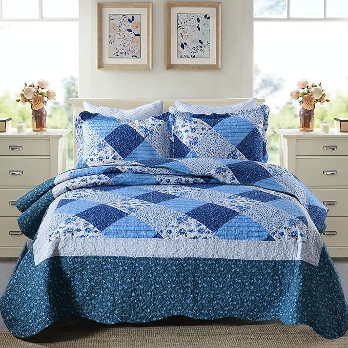 Travan Bedspread Quilt Sets 3-Piece Lightweight Coverlet Set with Shams Reversible Quilted Bedding Set, Blue Floral Patchwork, King Size