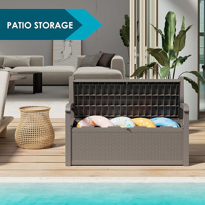 70 Gallon Storage Bench Deck Box for Patio Furniture with Armrest Bench Outdoor Storage