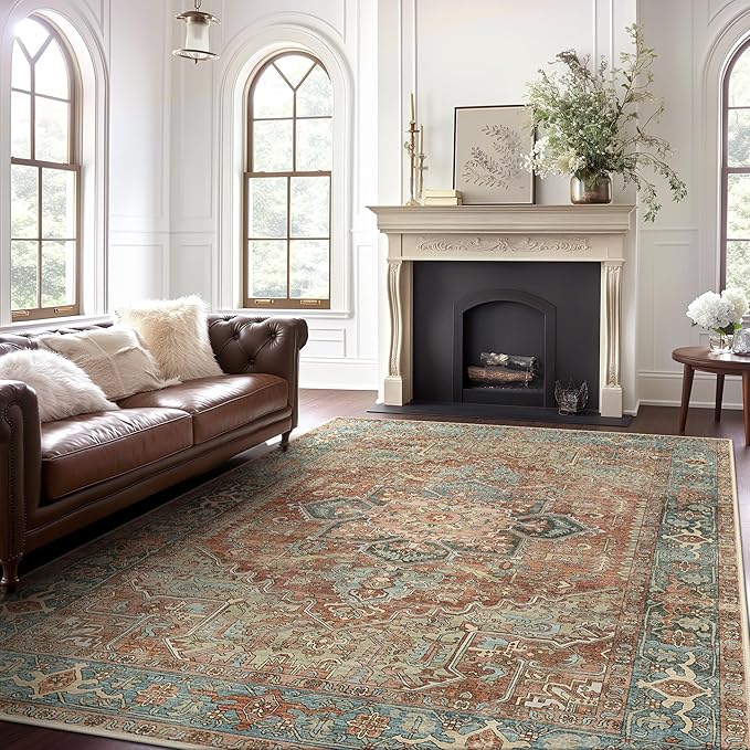 GENIMO Machine Washable 8x10 Area Rugs for Living Room, Non Slip Vintage Rugs, Low Pile Lightweight Chenille Print Rug for Bedroom, Dining Room, Home Office, Red Multi