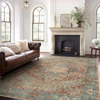 GENIMO Machine Washable 9x12 Area Rugs for Living Room, Non Slip Vintage Rugs, Low Pile Lightweight Chenille Print Rug for Bedroom, Dining Room, Home Office, Red Multi