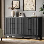 Fluted Dresser with 6 Drawers, 54" Wide Modern Chest of Drawers with Metal Handle, Wooden Dresser TV Stand, Wood Closet Clothes Storage Organizer for Bedroom, Living Room, Hallway, Solid Black