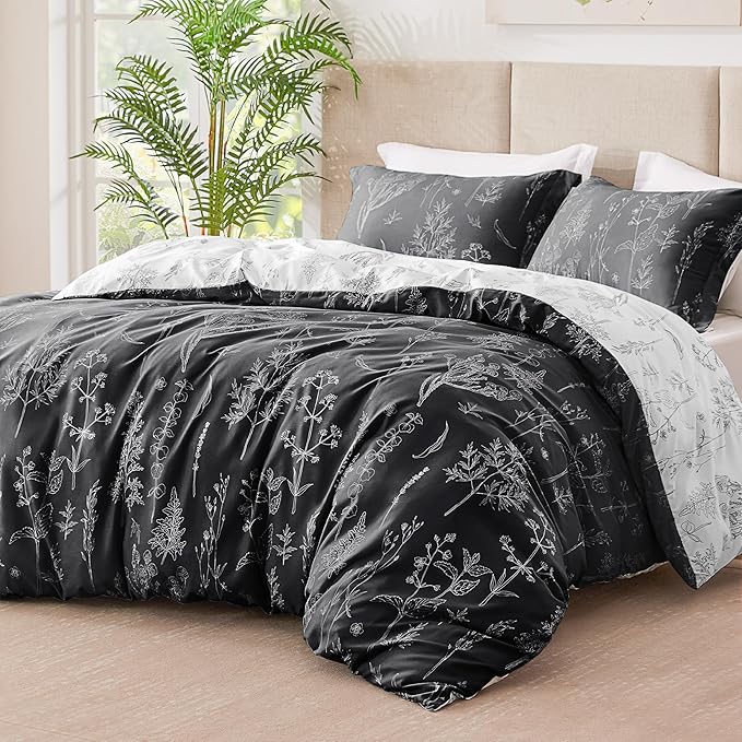 Love's cabin Black Queen Comforter Set - Queen Size Comforter Set, 3 Pieces Cute Floral Bedding Sets for All Seasons,1 Soft Reversible Botanical Flowers Comforter and 2 Pillow Shams