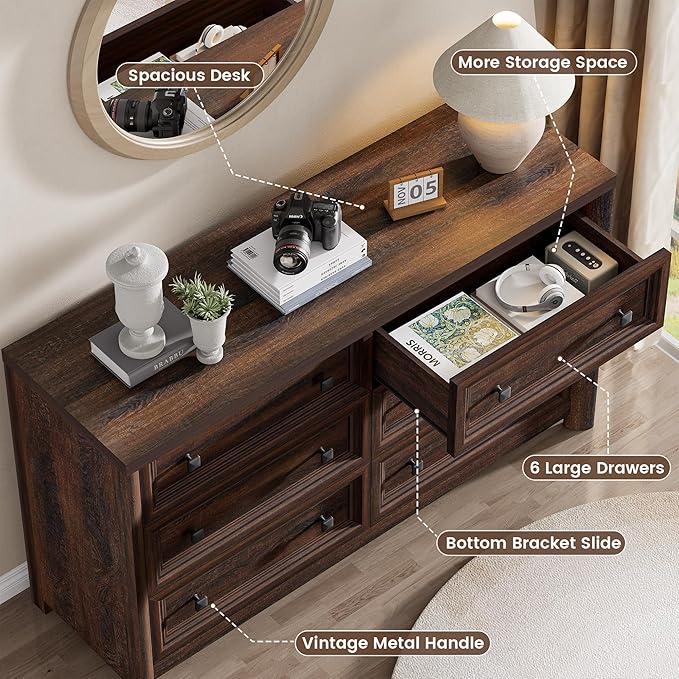 Farmhouse Walnut 6 Drawers Dresser for Bedroom, 52" Wide Chest of Drawers with Metal Knobs, Vintage Wooden Dresser TV Stand, Closet Drawer Organizer for Bedroom, Nursery