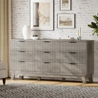 Fluted Dresser with 9 Drawers, 63" Wide Wood Chest of Drawers with Metal Handle, Wooden Dresser TV Stand, Modern Closet Clothes Storage Organizer for Bedroom, Living Room, Hallway, Light Grey