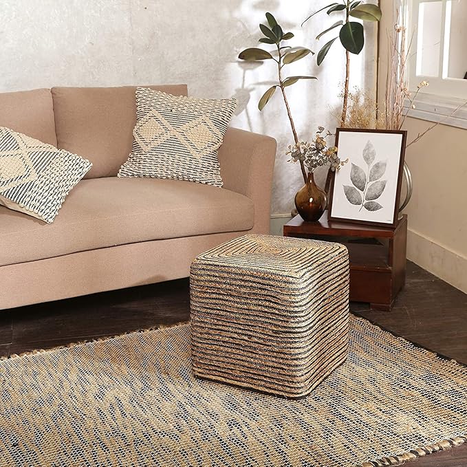 REDEARTH · Cube Pouf Foot Stool Ottoman - Jute Braided Pouffe Poof Accent Sitting Footrest for The Living Room, Bedroom, Nursery, Lounge 50% Jute 50% Cotton Set of 2 (14.5”x14.5”x16”; Natural Black)