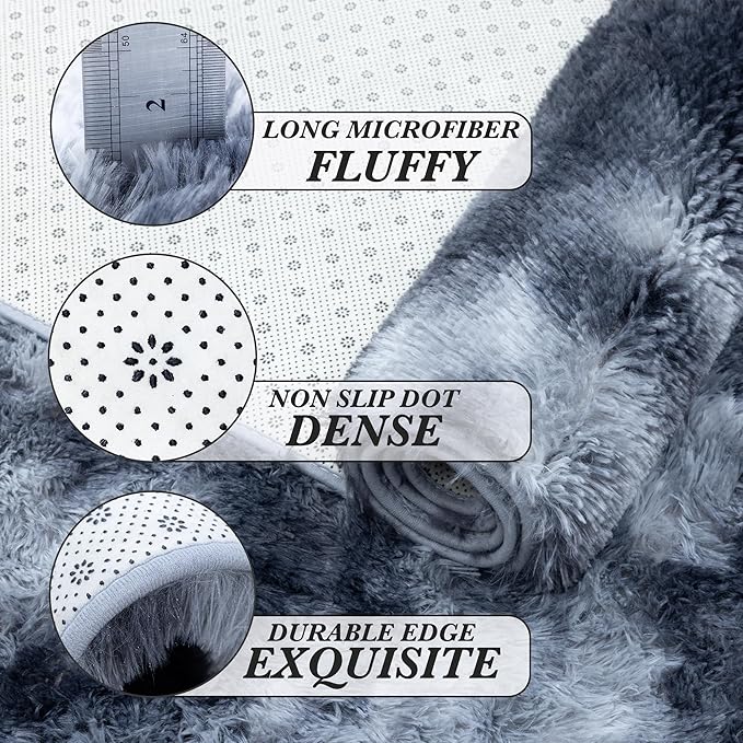 Fluffy Area Rug Living Room: Grey Shag Rug 6x9 Plush Rugs for Living Room - Large Fuzzy Soft Carpet (Tie-Dyed Dark Gray, 6x9 Feet)