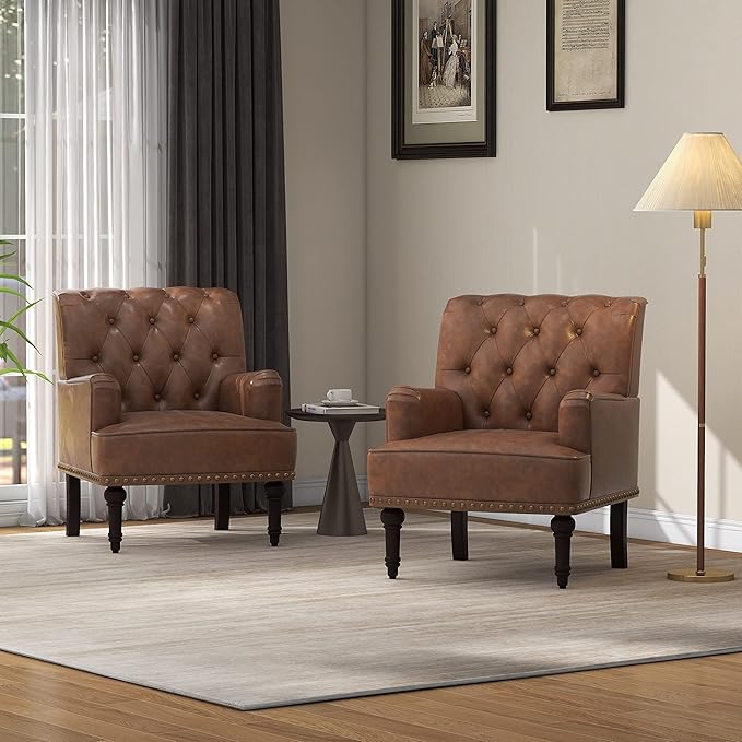 UIXE PU Leather Accent Chairs Set of 2, Modern Upholstered Armchair for Living Room, Comfy Arm Chair Single Sofa Reading Seat with Wooden Legs for Office Home Bedroom - Brown