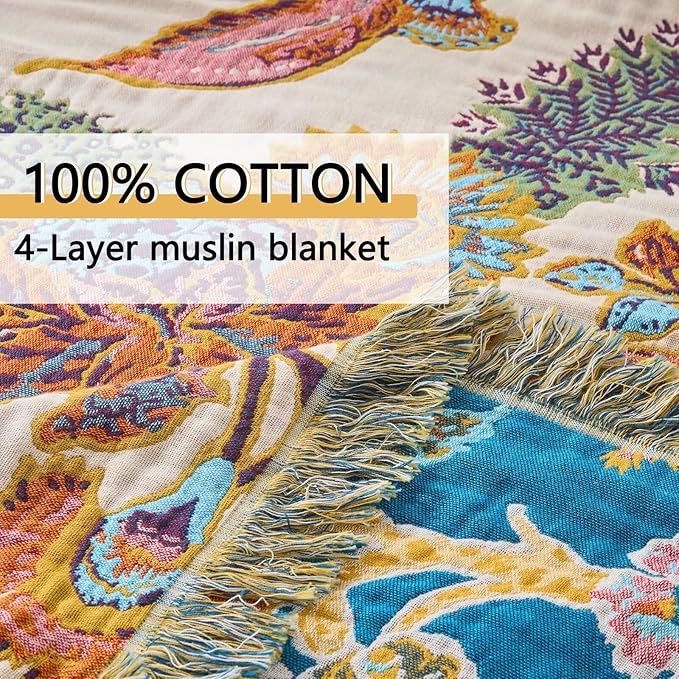 Boho Throw Blanket for Bed, Sofa,Cozy Lightweight Fall Blanket,100% Cotton Southwestern Farmhouse Floral Decor, Reversible Rustic Blanket, Chair, Picnic Throw Blanket,50"x60"