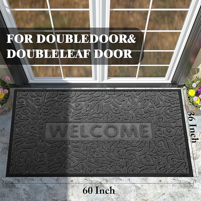 Yimobra Welcome Matt Outdoor 60x36, Waterproof All-Season Front Door Mat, All-Weather Doormat, Sturdy Natural Rubber, Fade Resistant, Low Profile, Easy Clean Patio Porch Entryway Mat, Grey