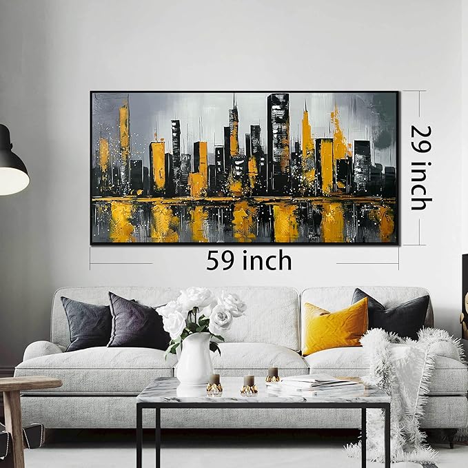 New York City Wall Art for Living Room - Hand Painted Canvas Wall Art for Office - Big Picture Frames for Wall Size 29" x 59"