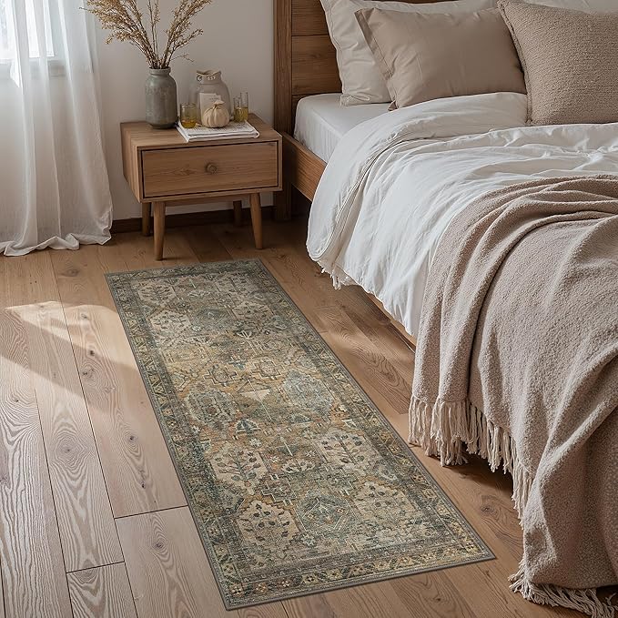 GENIMO 3x7 Runner Rugs for Hallway, Machine Washable Non Slip Vintage Rugs, Low Pile Lightweight Soft Print Rug for enrtyway, Corridor, Home Office, Kitchen, Warm Taupe