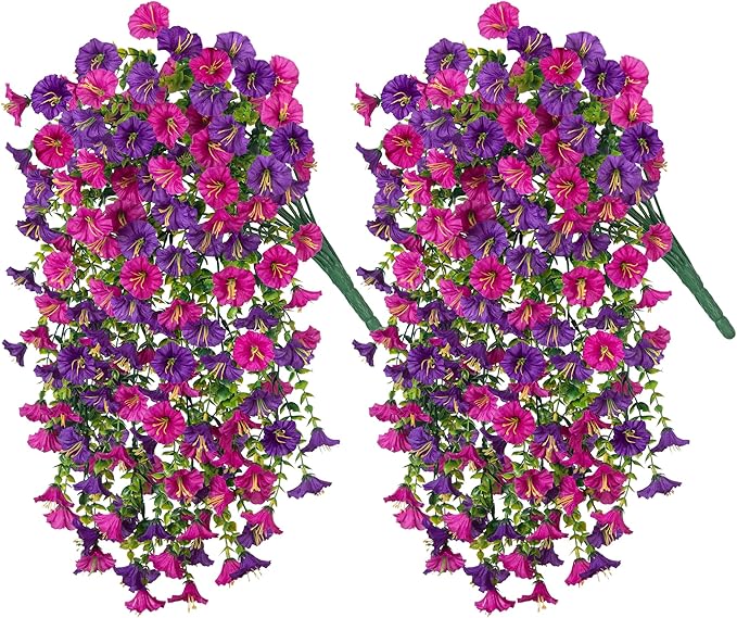 2 PCS Artificial Faux Hanging Flowers Plants for Outdoor Decor,Fake Silk Morning Glory with Eucalyptus UV Resistant Realistic Vines for Wall Home Porch Patio Balcony Yard Decor, Purple and Fuchsia