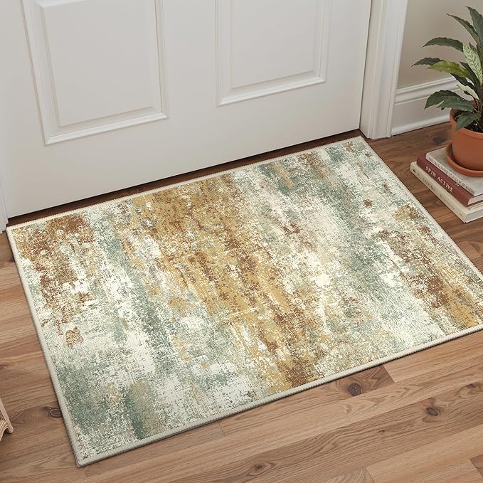 2x3 Rugs for Entryway Entrance Kitchen Bathroom, Machine Washable Modern Abstract Soft Area Rug, Low Pile Indoor Floor Carpet with Non Slip Backing, Orange Green