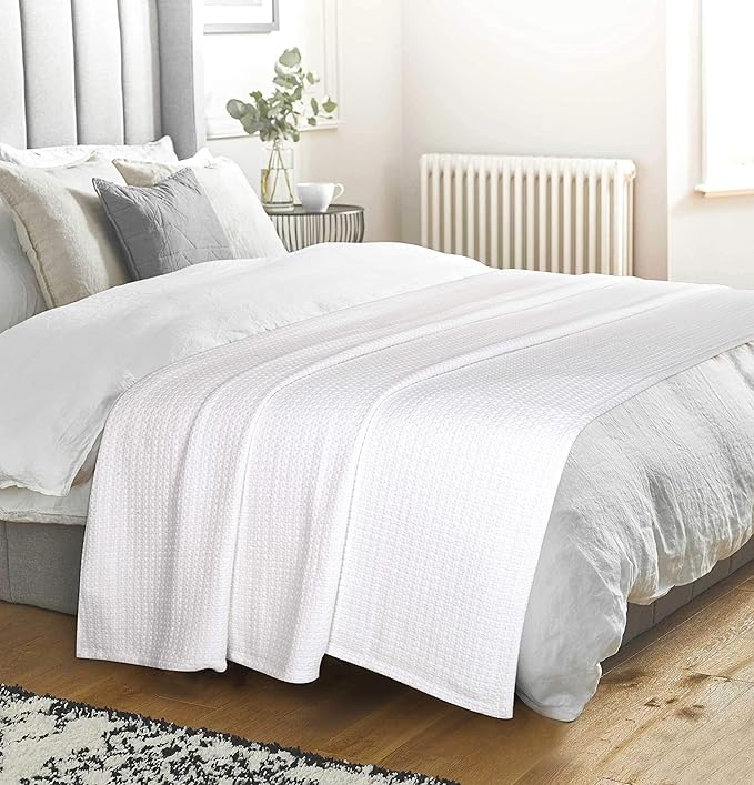 Elvana Home 100% Cotton Bed Blanket, Breathable Bed Blanket Twin Size, Cotton Thermal Blankets Twin, Perfect for Layering Any Bed for All Season, White