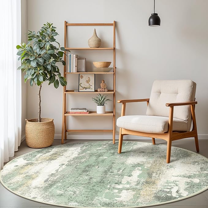 Round Rugs 8FT for Living Room Bedroom, Modern Abstract Machine Washable Circle Rug, Soft Low Pile Floor Cover with Non Slip Backing for Dining Room, Light Green