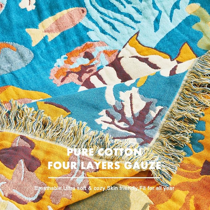 MSGKV Throw Blanket for Couch Bed Cotton Muslin Breathable Cute Ocean Animals Twin Size Blanket 60"x80" for All Seasons Lightweight Farmhouse Blankets