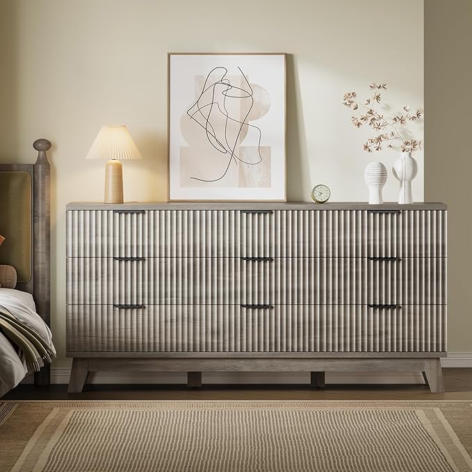 63" Long Dresser for Bedroom, 9-Drawer Fluted Dresser, Extra-Wide Wood Chest of Drawers with Smooth Metal Slides, Stable Base, Modern Clothes Storage Cabinet for Living Room, Hallway, Nursery
