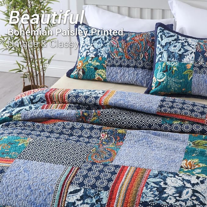 Yvooxny Queen Quilt Set Reversible Lightweight Bohemian Paisley Patchwork Cotton Quilted Bedspread Coverlet Set 3-Piece Bedding Set with Shams for All Seasons, Queen Size, 98 * 90 Inches
