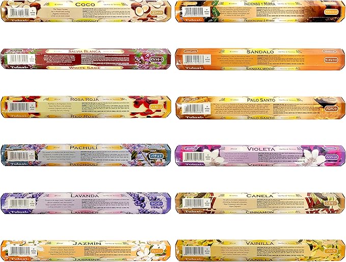 Tulasi Incense Sticks Pack of 12 Natural Scent (240 sticks) Variety Fragrance of Coconut, White Sage, Red Rose, Palo Santo, Lavender & Cinnamon etc, Ideal for Aromatherapy, Meditation & Positive Vibes