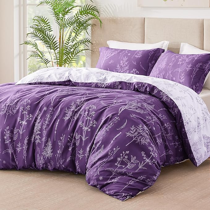 Love's cabin Dark Purple Twin Comforter Set - Twin XL Size Comforter Set Dorm Bedding, 2 Pieces Cute Floral Bedding, Soft Reversible Flowers Comforter, 1 Comforter & 1 Pillow Sham