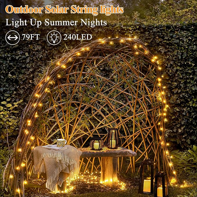 Solar String Lights 240LED 79FT, IP67 Waterproof Solar Lights for Outside with 8 Lighting Modes, Upgraded Solar Panel Fairy Lights for Garden Party Wedding Decorations (Warm White)