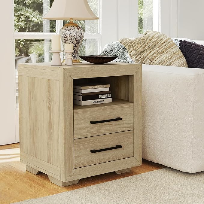 Hazel 2 Drawers End Table, 21" Side Table with Open Storage Shelf, Solid Modern Rustic Nightstand for Bedroom, Living Room or Home Offices